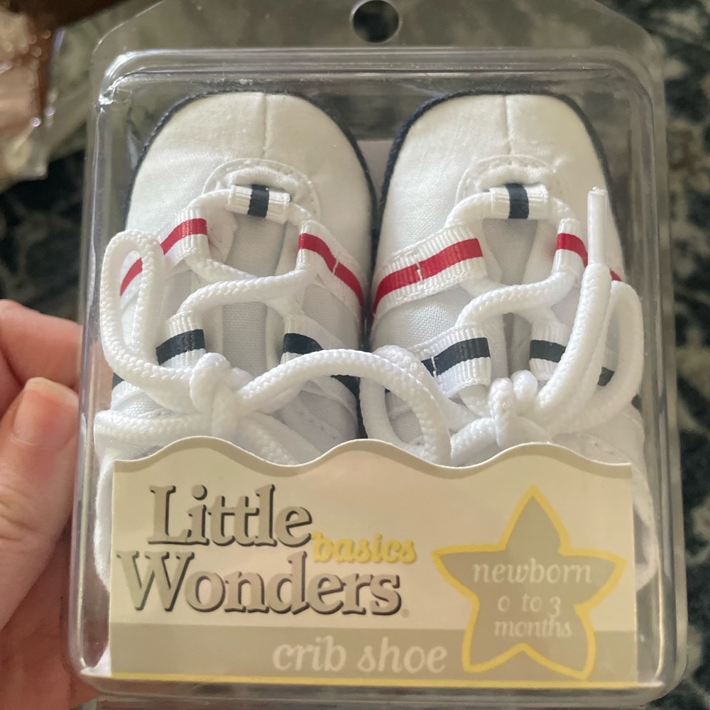 Vintage newborn little wonders sear White Baby Shoes with Red and Black Stripes